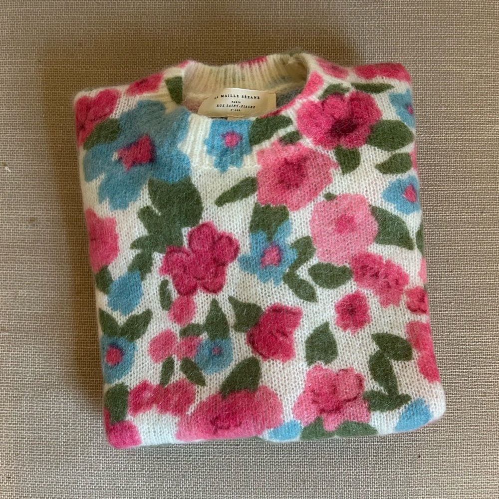 Sezane Janelia Jumper Sweater - Pink Flowers/ Turquoise Kid Mohair Knit French - Picture 5 of 11